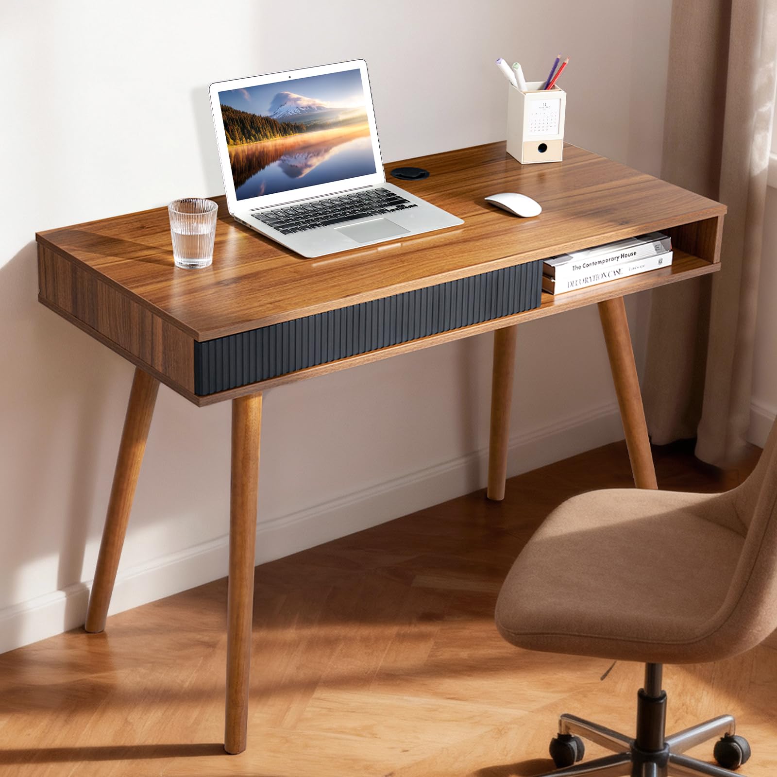 Mid Centurv Modern デスク Amazon.com: Walnut Wood Desk with Drawer, 42.5